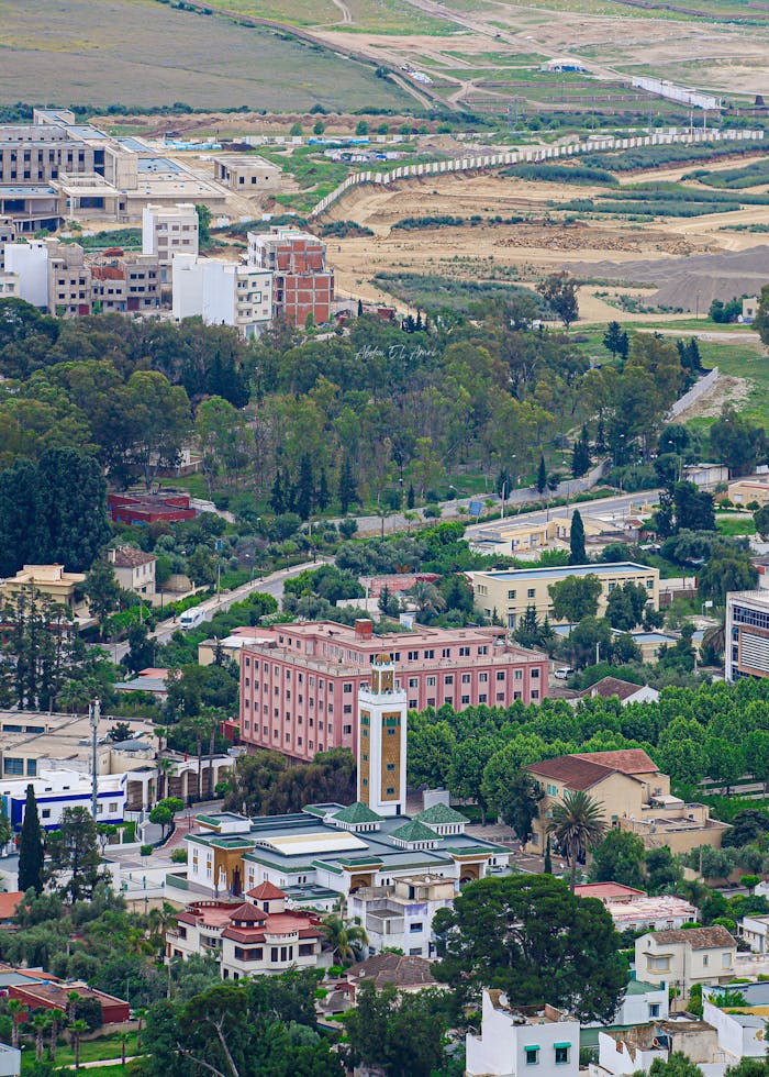 Stunning aerial view of Ouazzane showcasing Islamic architecture and lush greenery.